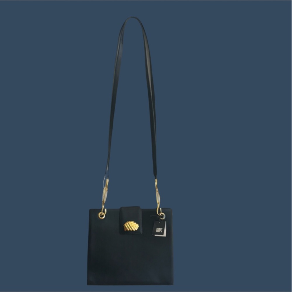 Vintage NWT Gump’s Italian Black Leather Purse, Red Interior, Gold Hardware